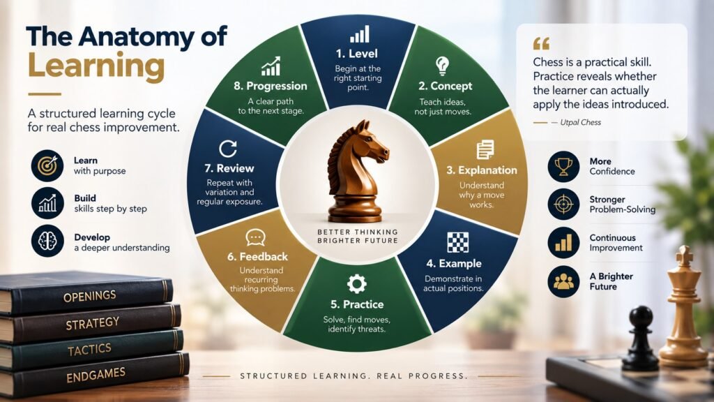 Learning cycle for an online chess course showing level, concept, explanation, example, practice, feedback, review and progression