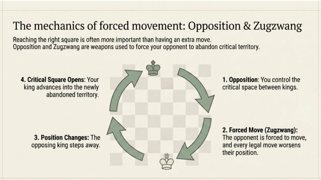 Conceptual infographic showing how opposition and zugzwang can force a king away from critical squares