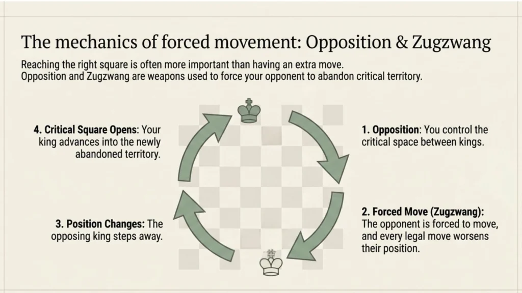 Conceptual infographic showing how opposition and zugzwang can force a king away from critical squares