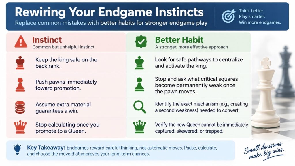 Infographic showing common chess endgame instincts and better habits for king activity, pawn moves, conversion, and promotion.