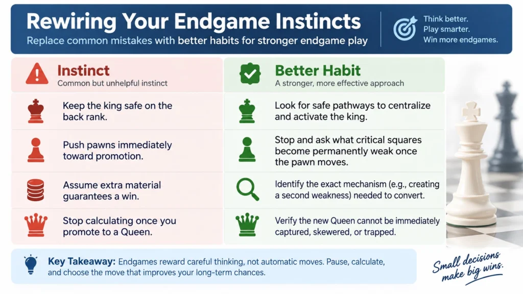 Infographic showing common chess endgame instincts and better habits for king activity, pawn moves, conversion, and promotion.