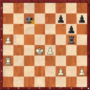 Chess rook endgame position showing a rook supporting a passed pawn from behind.