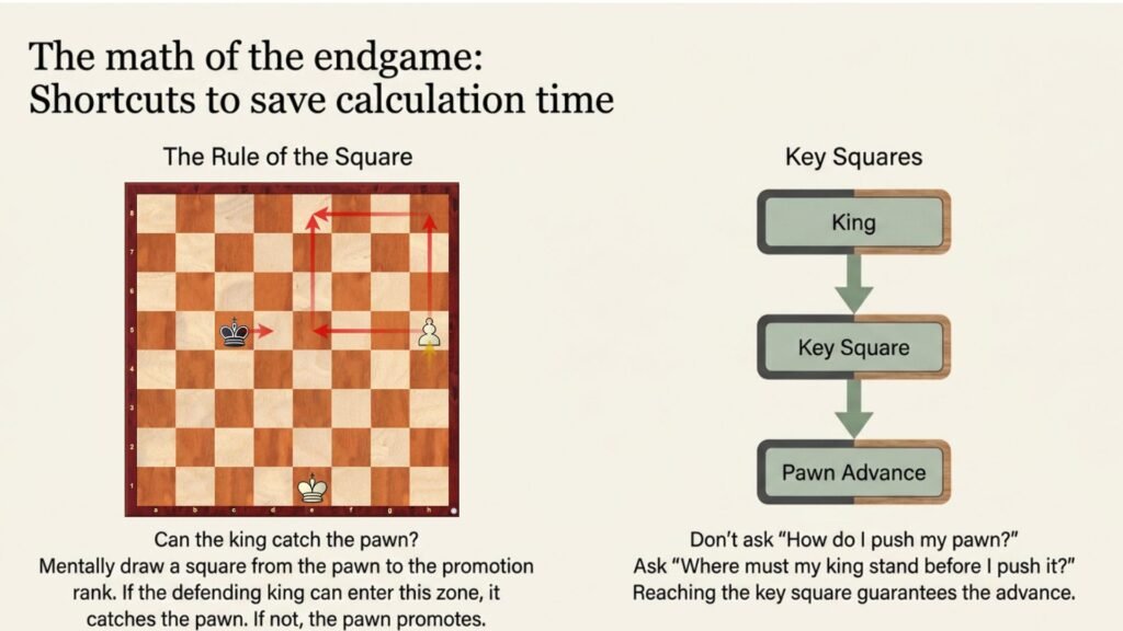 Chess endgame infographic explaining the rule of the square and the role of key squares