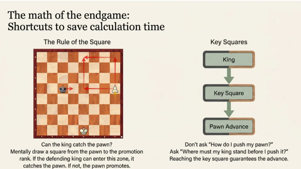 Chess endgame infographic explaining the rule of the square and the role of key squares